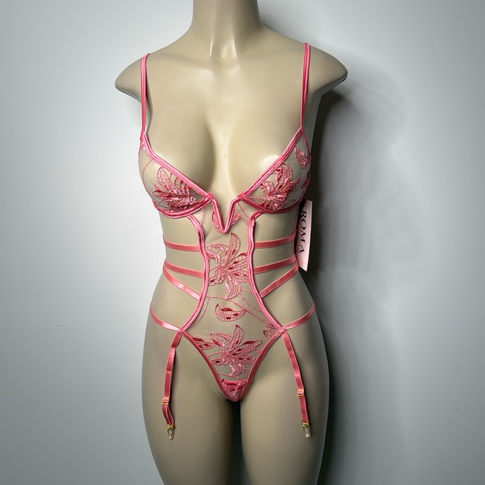 Roma small pink 1 piece sheer floral teddy NWT